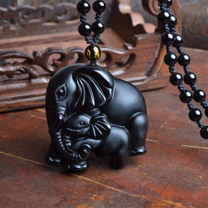 Black Obsidian Lucky Elephant Pendant Hand Carved Beads Necklace