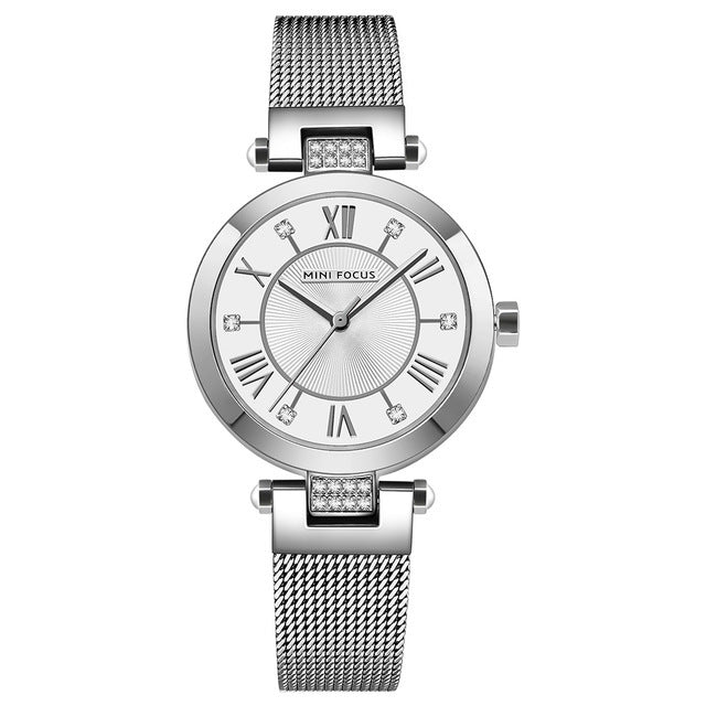 MINI FOCUS MF0215L Casual Rome Number Design Waterproof Mesh Steel Quartz Watch Women Watch