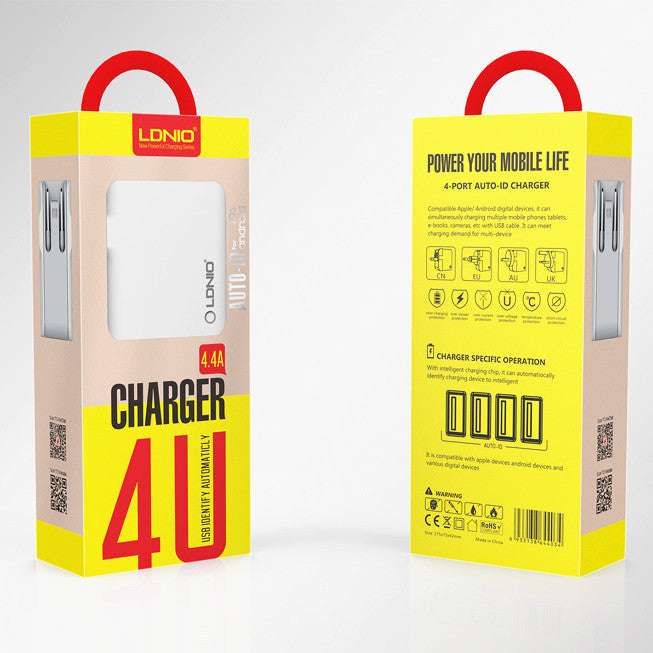 LDNIO 4 USB Ports 4.4A Fast Charging EU UK Plug Wall Travel Charger for iPhone 7 iPad Samsung Xiaomi