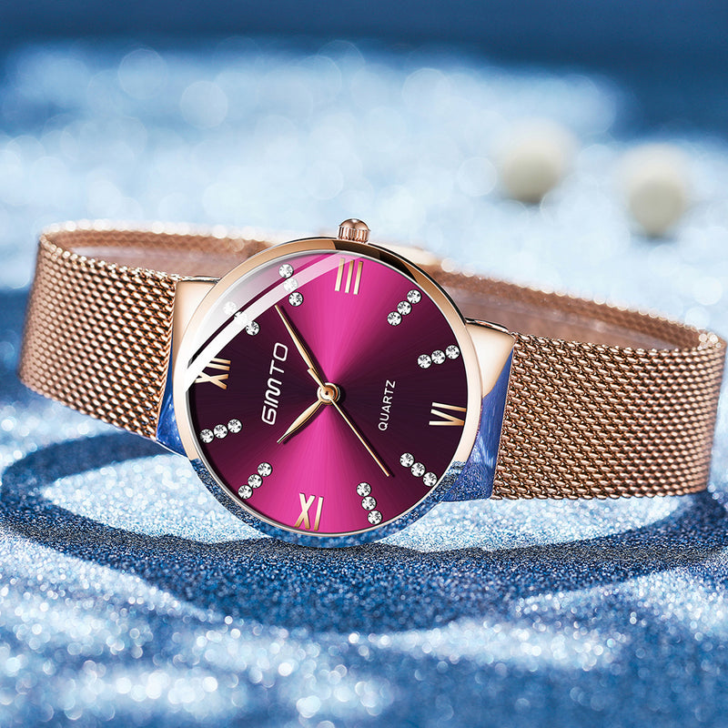 GIMTO GM616 Crystal Colorful Dial Fashion Rose Gold Mesh Steel Strap Casual Women Quartz Watch