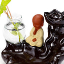 Ceramic Backflow Cone Holder Incense Burner Monk Smoke Buddhist Scents + Glass Pot