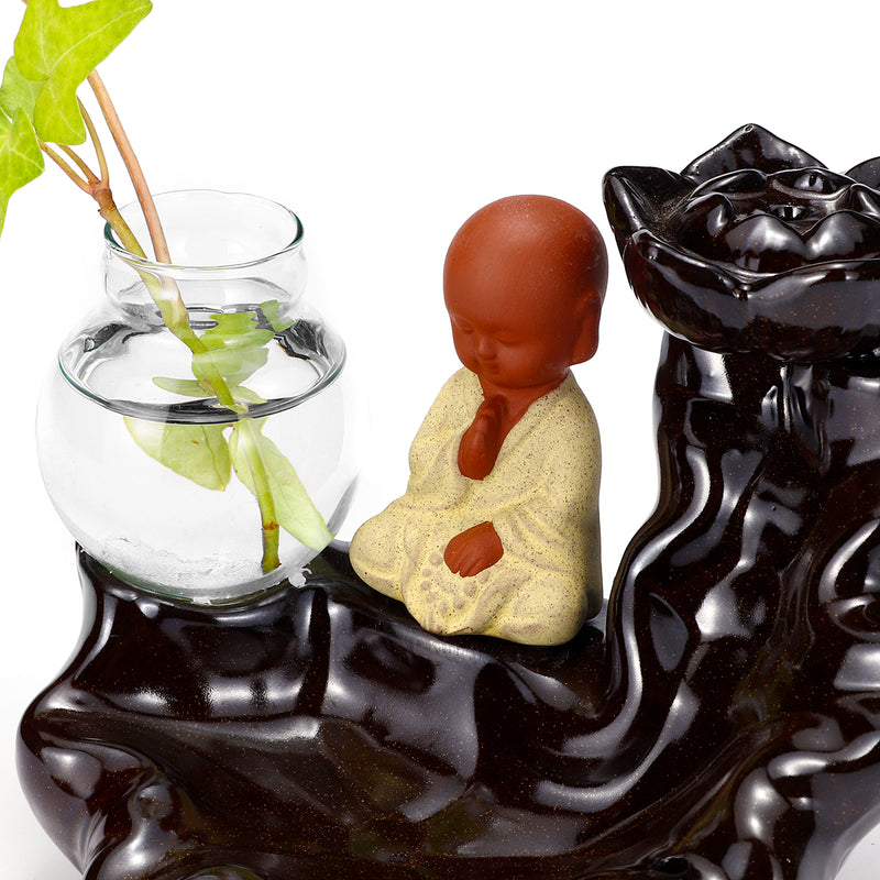 Ceramic Backflow Cone Holder Incense Burner Monk Smoke Buddhist Scents + Glass Pot