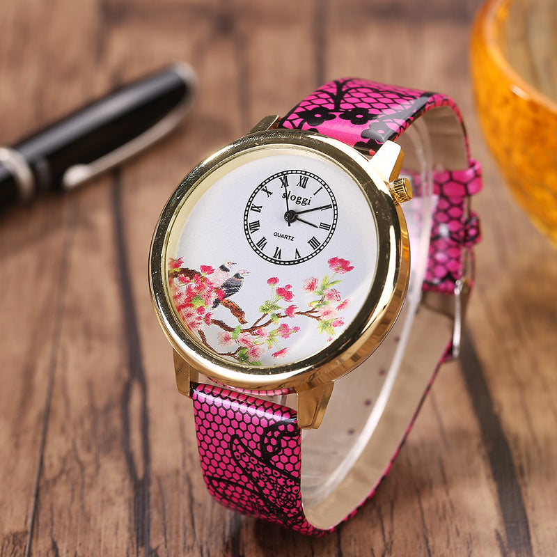 Flower and Bird Quartz Watch Casual Style Leather Strap Women Wrist Watches