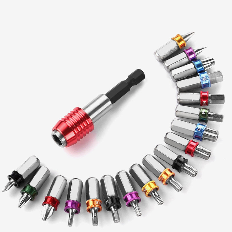 19Pcs Screwdriver Bit Set Multifunction S2 Magnetic Slotted Cross Hexagon Torx Screwdriver Bits with Quick Release Hex Chuck Extension Adapter Cabin Style Storage Case