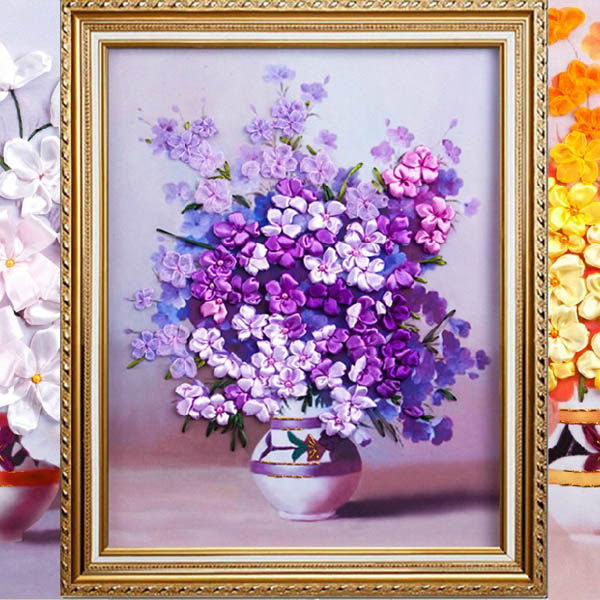 50x58cm 3D Silk Ribbon Purple Flower Cross Stitch Kit Embroidery DIY Handwork Home Decoration