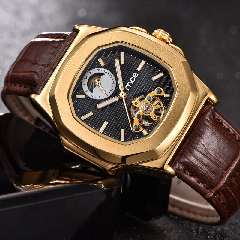 Gold Case Men Watch Moon Phase Business Style Leather Strap Automatic Mechanical Watch