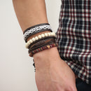 Punk Braided Leather Bracelet Adjustable White Beaded Bracelet for Men