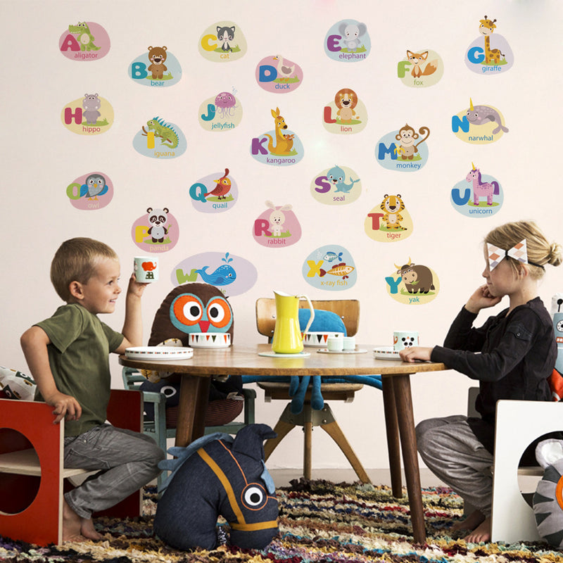26PCS Classic Animals Alphabet Baby Nursery Peel and Stick Wall Art Sticker Decals Alphabets Animals Wall Removable Wall Sticker