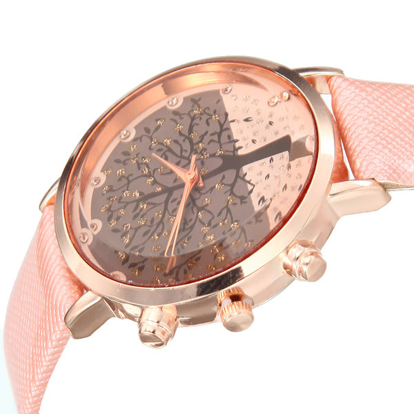 Elegant Fruit Apple Tree PU Leather Band Women Quartz Wrist Watch