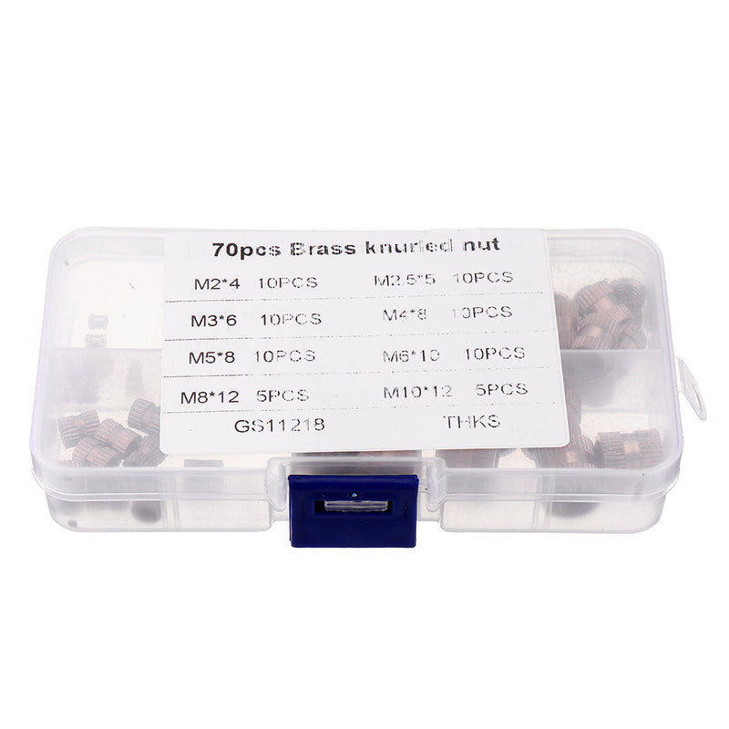 Suleve MXBN8 70Pcs M2/M2.5/M3/M4/M5/M6/M8/M10 Knurled Brass Round Female Thread Knurled Nuts Round Insert Embedment Nut Assortment Set