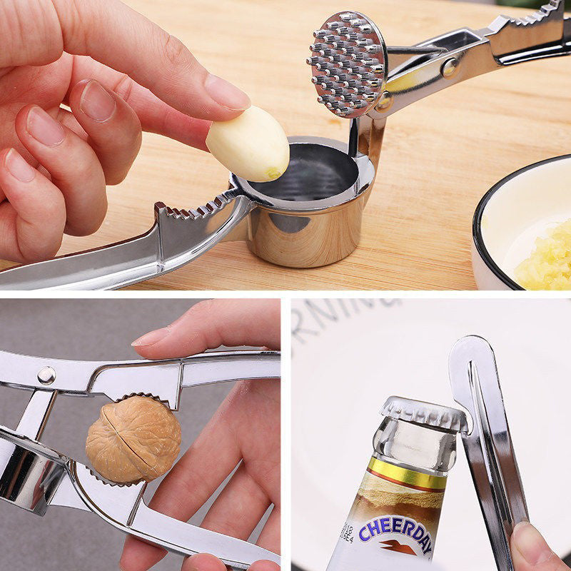 4-in-1 Multi-functional Extra Large Garlic Press Walnut Bottle Opener Home Hand Presser Manual Tools