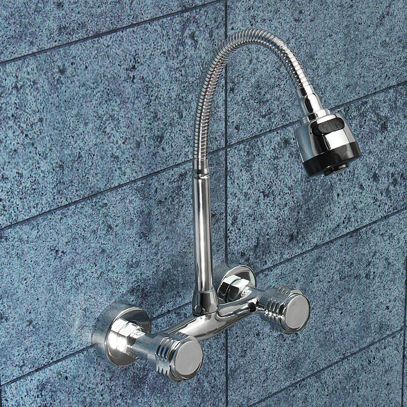 Chrome Basin Sink Mixer Tap Dual Handle Hot Cold Water Faucet Adjustable Swivel Spout Kitchen