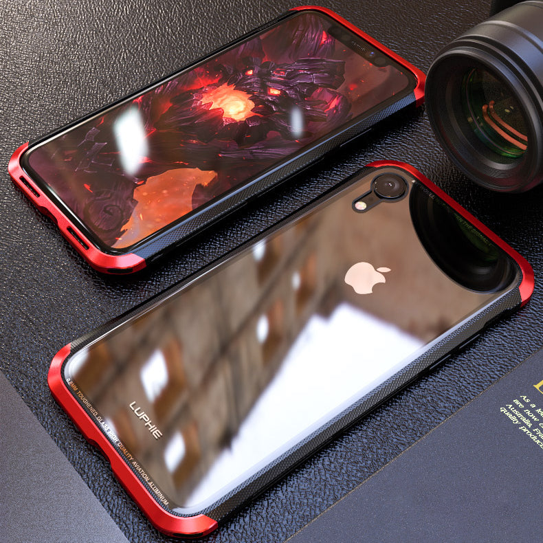 Luphie Protective Case For iPhone XR Metal Bumper+9H Clear Tempered Glass Back Shell