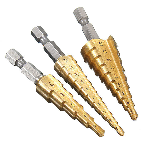 3pcs HSS Step Cone Drill Bit Titanium Hole Cutter Set 3-12/4-42/4-20mm