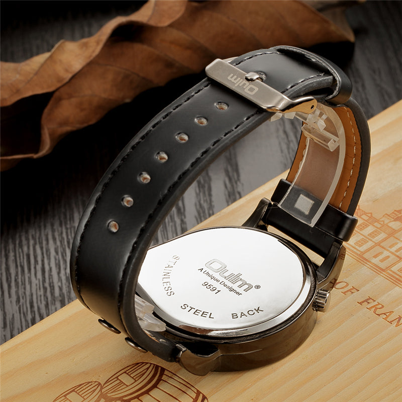 OULM 9591 Casual Style Creative Wrist Watch Dual Time Zones Leather Strap Quartz Watches