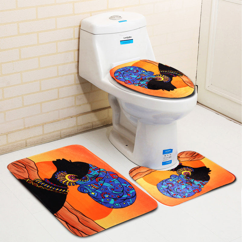 Waterproof African Baotou Woman Shower Curtains with 12 Hooks Bathroom Toilet Rug Mat Set