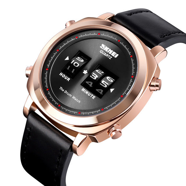 SKMEI 1519 Creative Rolling Time Display Leather Strap 30M Waterproof Men Watch Quartz Watch