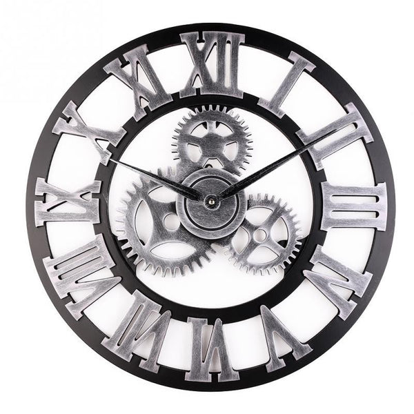 Loskii 45cm Round Gear Wall Clock Roman Numerals Open Face Modern Creative Wall Clock