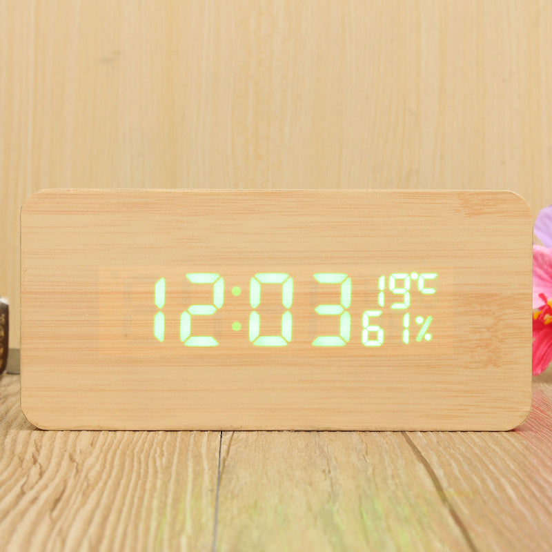 USB Voice Control Wooden Wooden Rectangle Temperature LED Digital Alarm Clock Humidity Thermometer