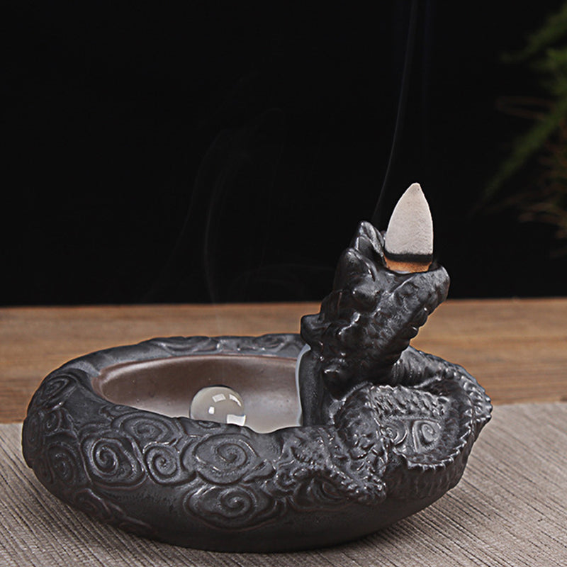 Ceramic Dragon Backflow Incense Cone Burner Incense Holder Ashtray Fragrant Censer w/ Clear Bead Decor