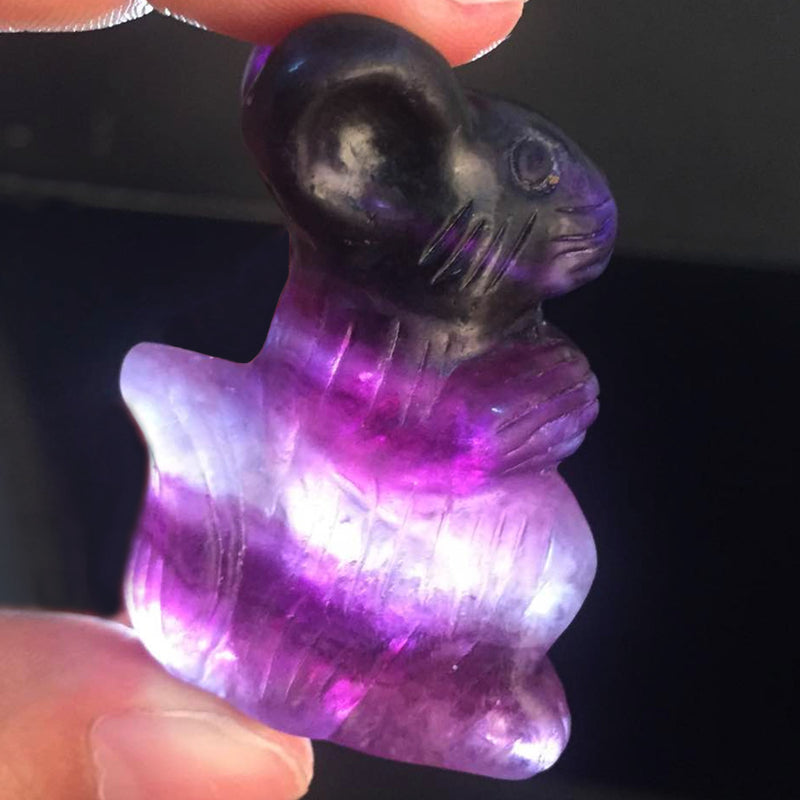 2" Hand Carved Rainbow Fluorite Squirrel Natural Quartz Crystal Skull Healing Decorations