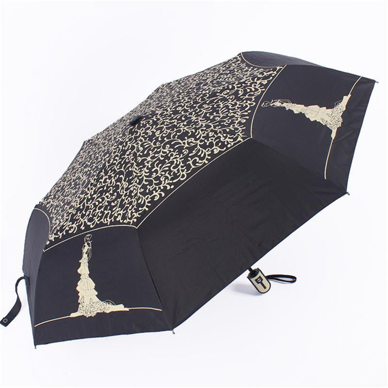 Automatic 3 Folding Anti-UV Sun Umbrella Rain Umbrella Outdoor Camping Hiking Traveling Woman Umbrellas-Black