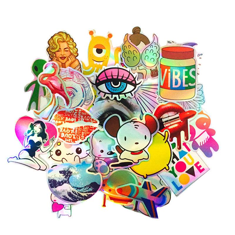 28pcs Cartoon Colourful Reflection DIY Laser Stickers For Suitcase Skateboard Laptop Luggage Sticker