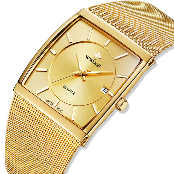 WWOOR 8831 Square Dial Luminous Display Men Wrist Watch Mesh Steel Calendar Quartz Watch