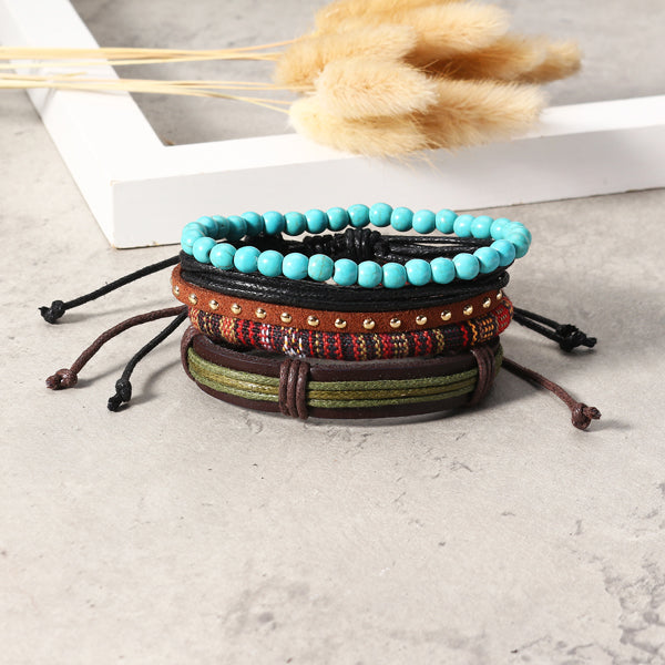Punk Multilayer Bracelets Adjustable Woven Beads Leather Bracelets for Men