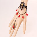 Latest Novel Charm Black Lace Bracelet Adjustable Ring Chain with Gold Skeleton Head Spider Cobweb Red Rhinestone for Halloween