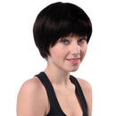 Ladies Fluffy Human Hair Short Full Wigs, Natural Black Straight Hairpieces with Bangs, Cosplay Party Costume Wedding Use, Heat Safe