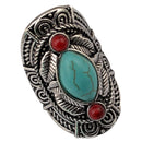 Vintage Bohemia Tibetan Ethnic Siver Turquoise Engraving Leaf Finger Ring