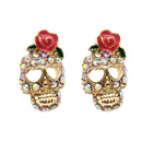 Fashion Gold Tone Women Girls Crystal Rose Flower On Skull Ear Stud Earrings Jewelry