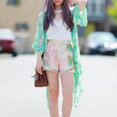 Women Summer Loose Casual Shawl Cardigan Boho Chiffon Floral Blouse Green