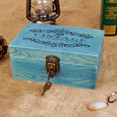 Blue VINTAGE Quoted Wooden Jewellery Box with Metal Lock & Key Trinket Chest Gift Case