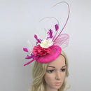 Women Girls Wedding Prom Party Hair Decor Feather Fascinator Flower Net Veil Linen Mini Top Hat Headband Gift Rose Red