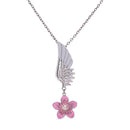 Lady Pink Enamel Flower Silver Plated Angel Wing Pendant Necklace Chain