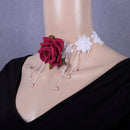 Vintage Red Rose White Lace Tassel Choker Necklace for Wedding Bride Girl