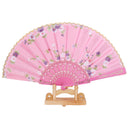Flowers Folding Hand Fan Handheld Dancing Fan Wedding Party Decors Gift-Pink