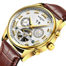 KINYUED Automatic Mechanical Skeleton Watch Stainless Steel Case Soft Leather Wristband Sport Watch Multi Function Waterproof