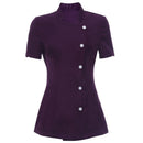 Women Girls Ladies Short Sleeve Front Button Fastening Hairdressers Beauticians Nail Bars Massage Therapists Shirt Purple L
