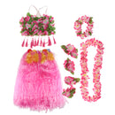 8PCS/SET Women Girls Ladies Fashionable Hula Grass Skirt Top Wrist Ankle Flower Hawaiian Costume Summer Beach Party Supplies Clothing Accessory 80CM Pink