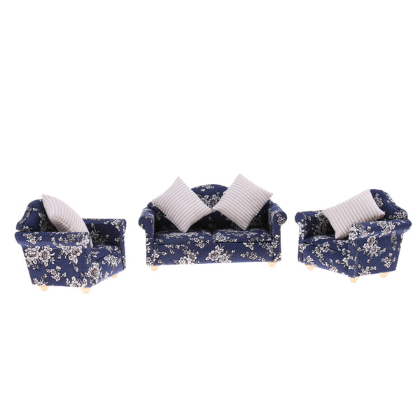 1/12 Wood Sofa Couch Cushions Set Dollhouse Living Room Furniture Accessories Decoration Dark Blue