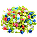 100 Pieces Satin Ribbon Tiny Rolled Rose Bud Flower with Green Satin Leaves Wedding Decor Craft Sewing Applique DIY