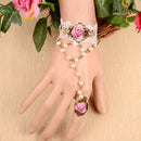 Retro Gothic White Lace Pink Flower Bracelet Chain Ring Bride Accessories
