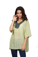 Women Girls Summer Party Casual Clothing Fashion Neck Embroidery Half-Sleeve Plus Size Autumn Loose Blouses Shirt Top Light Green L
