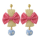 Fashion Earrings Large Pink Plaid Fabric Bow Earrings Plush Ball Drop Dangle