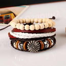 Set Of 3pcs Mixed Style Surfer Cuff Ethnic Tribal PU Leather Bracelets Wood Beads