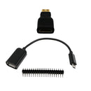 3 in 1 Mini-HDMI to HDMI Adapter + Micro USB to USB Female Cable + Male GPIO Header for Raspberry Pi Zero Adapter Kit Black