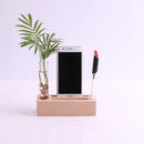 Clear Glass Tube Flower Vase Wooden Base Cellphone Table Stand Pencil Holder Rack